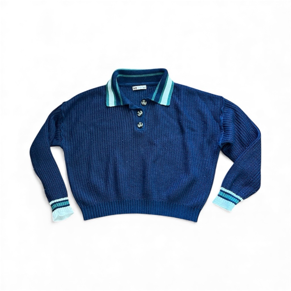 Classic Blue Knit Sweater with Striped Collar